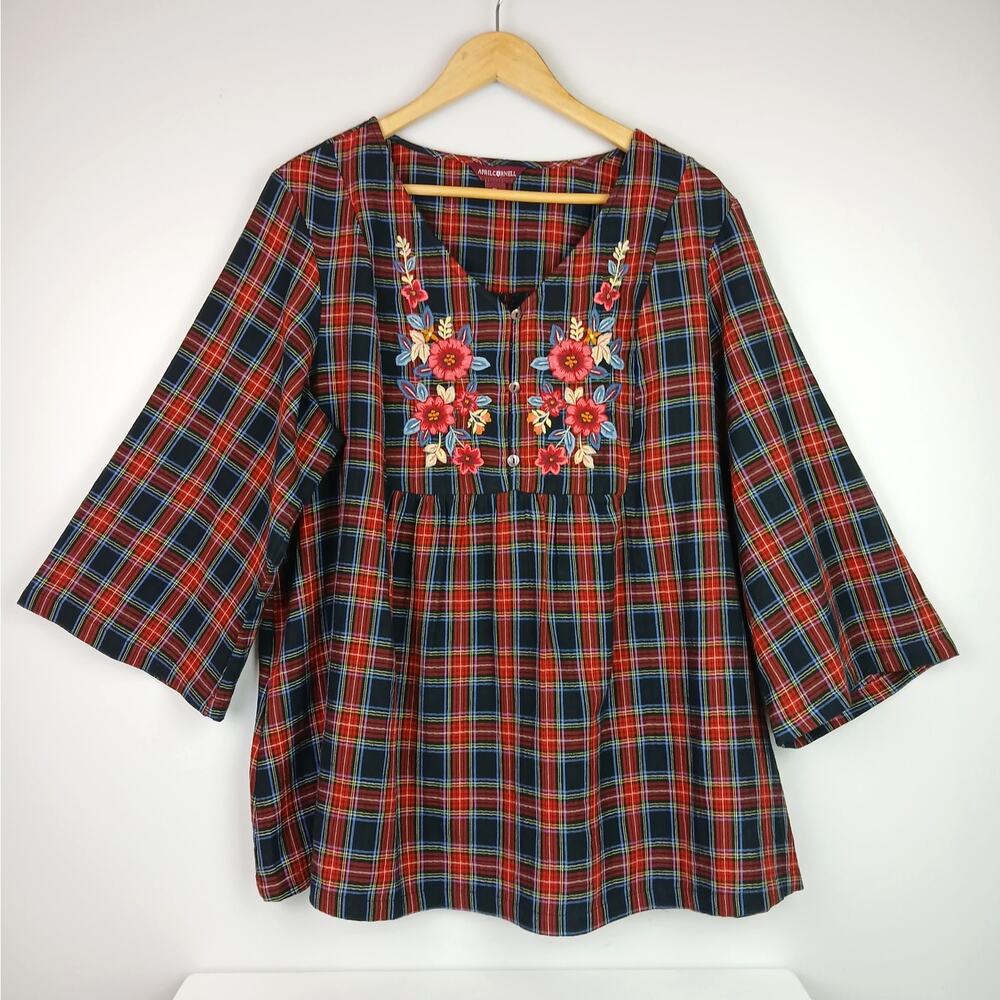April Cornell SZ XL 100% Cotton 1/4 Button Tartan Plaid Floral Embroidered Top - Picture 2 of 5